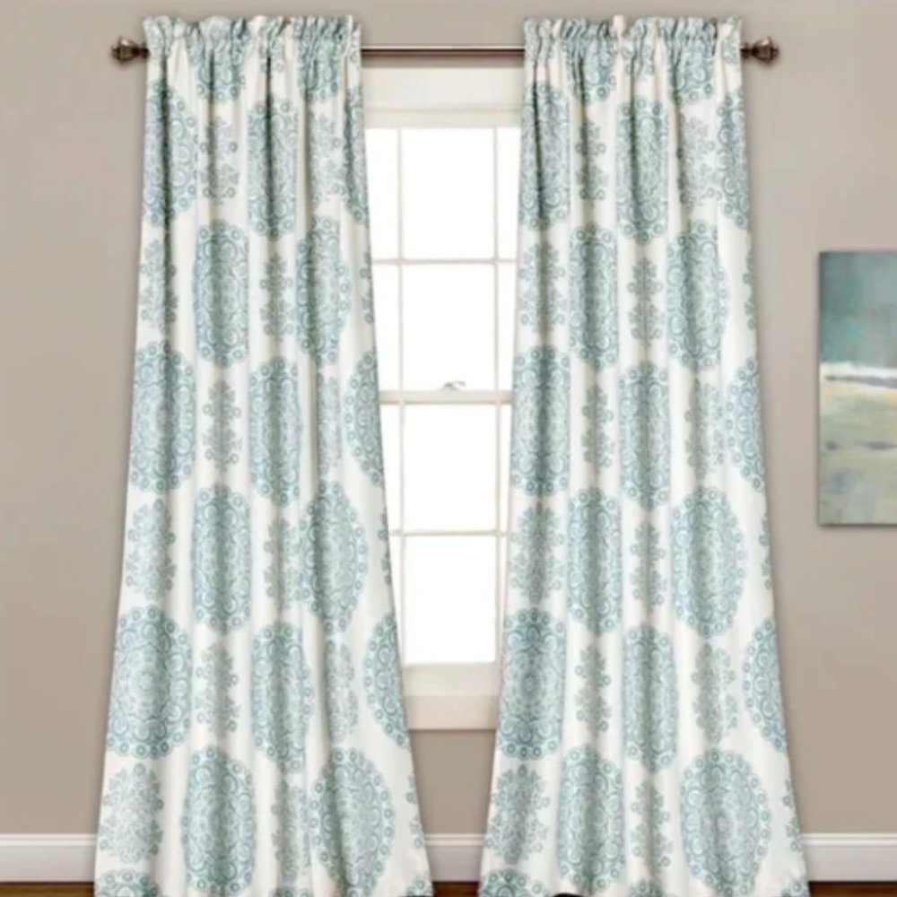 Floral Room Darkening Thermal Rod Pocket Curtain. Size 52” x 95” Blue/Cream -2
